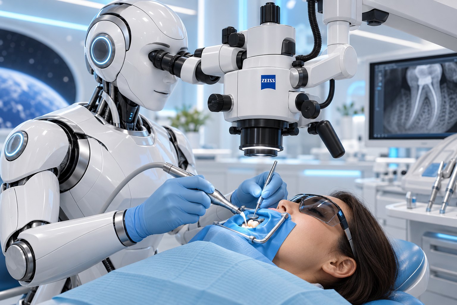 Робот-гуманоид лечит каналы зуба под микроскопом Carl Zeiss — тематическая иллюстрация